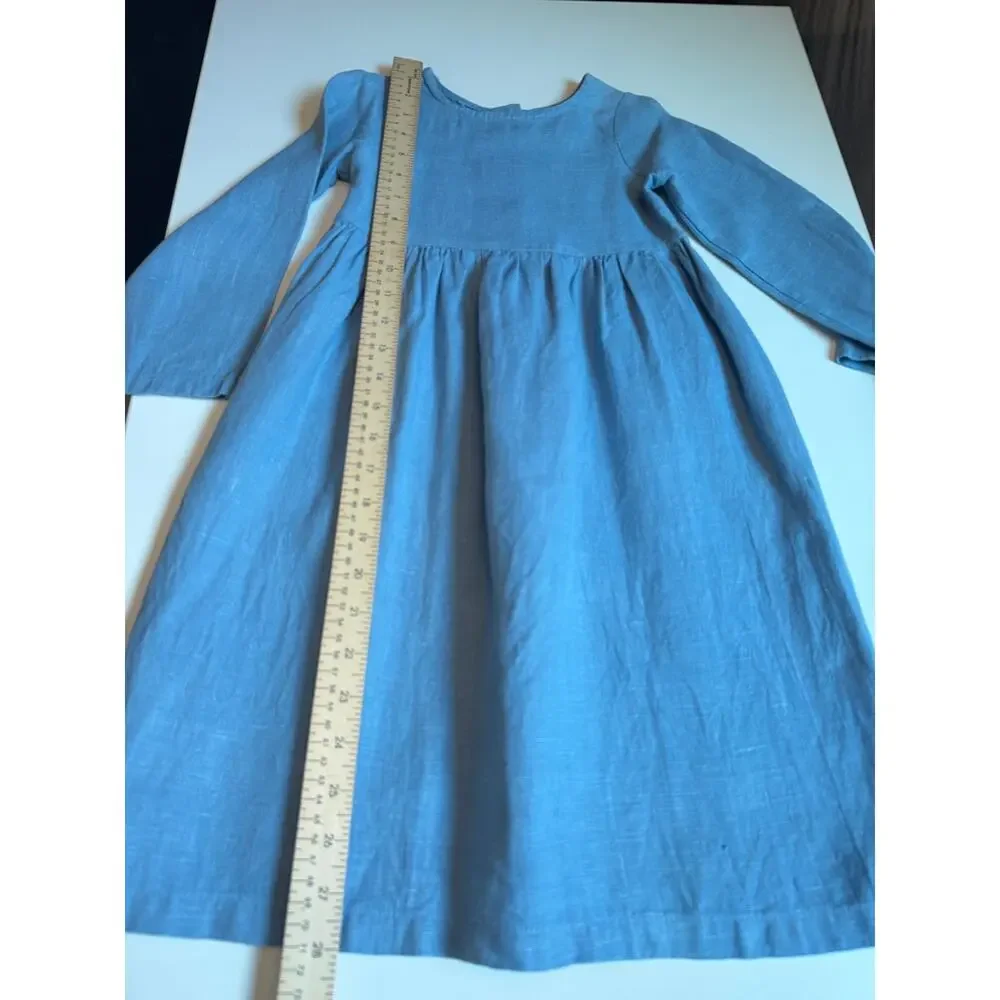 Hand Made 100% Linen Girls 6 Midi Dress Blue Cottagecore Boho Scandinavian